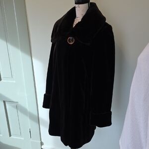 Gallery Black Velvet Pea Coat with Shawl Collar and Accent Button